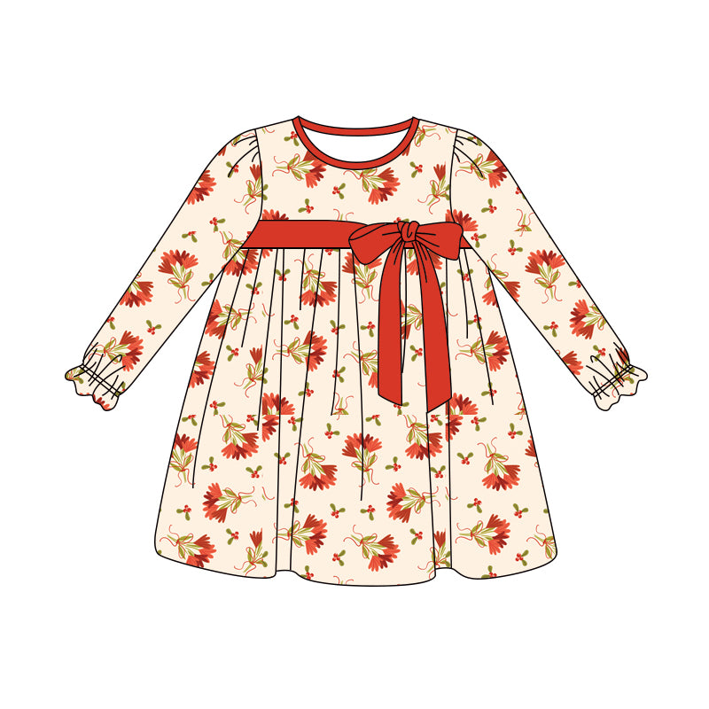 Preorder (moq 5)Baby Girls Long Ruffle Sleeves Red Bows Leaves Knee Length Dresses