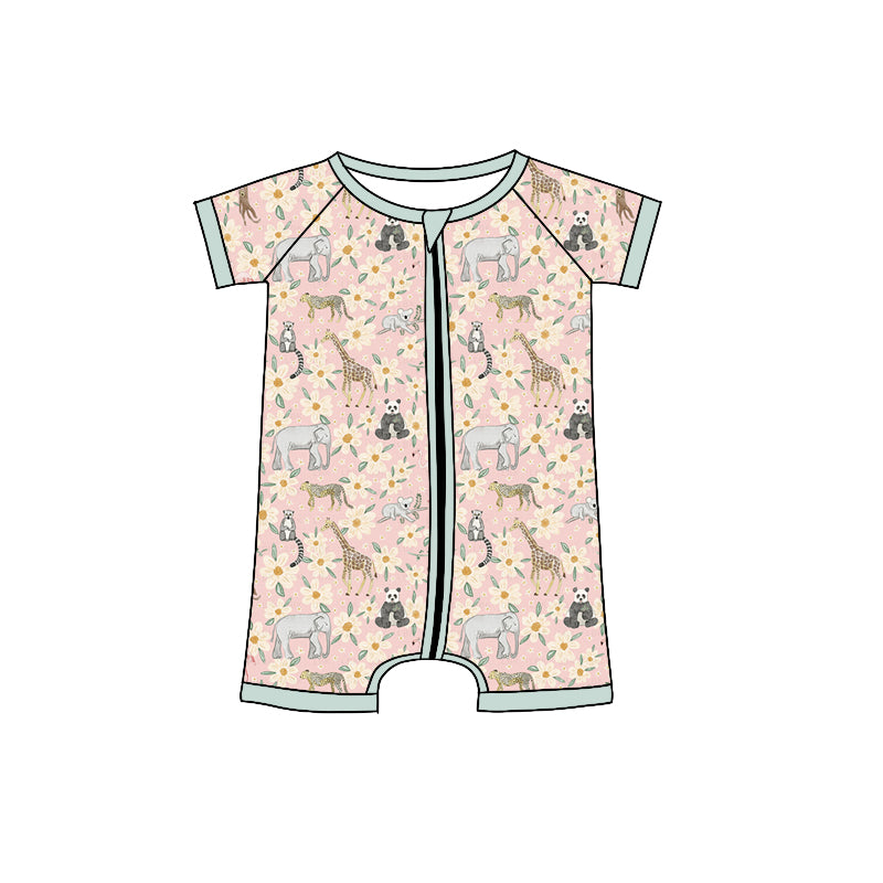 Preorder (moq 5)Baby Girls Zoo Animals Flowers Zipper Shorts Rompers