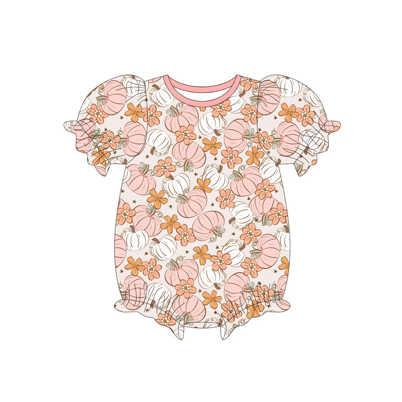 Preorder (moq 5)Baby Girls Short Ruffle Sleeves Pink Pumpkin Flowers Rompers
