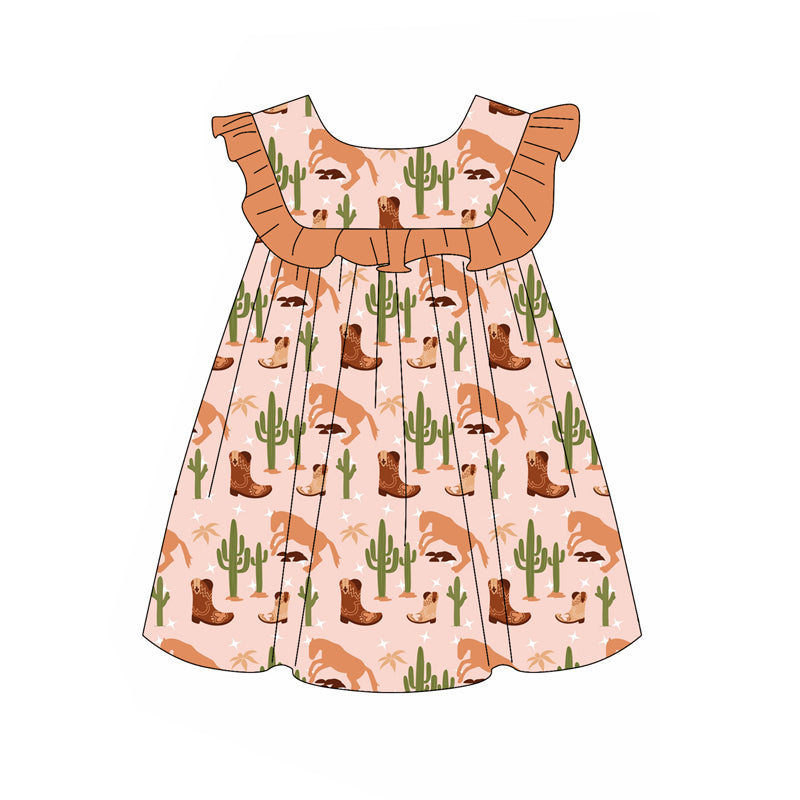 Preorder (moq 5)Baby Girls Pink Ruffle Sleeveless Cactus Boots Knee Length Dress