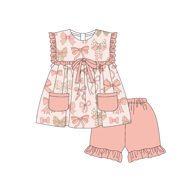Preorder (moq 5)Baby Girls Peach Sleeveless Bows Pockets Tunic Ruffle Shorts Set