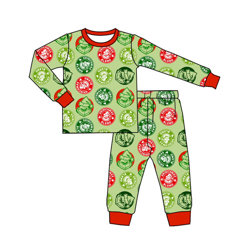 Preorder(moq 5) Baby Boys Long Sleeves Green Faces Blend Plaid Top Pants Pajamas Set