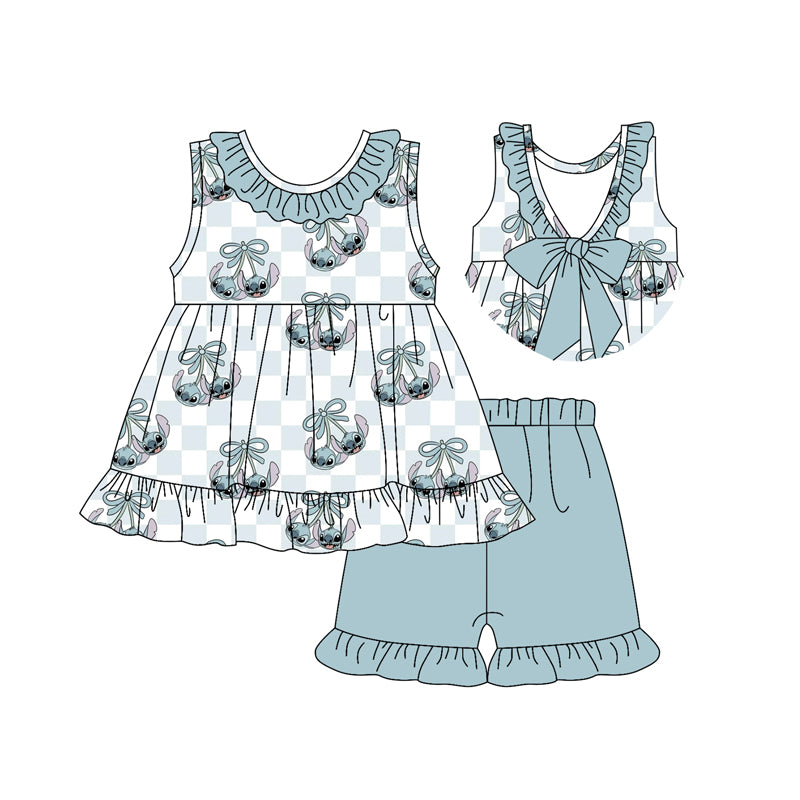 Preorder moq 5 Baby Girls Sleeveless Cartoon Bunny Bows Tunic Blue Ruffle Short Set