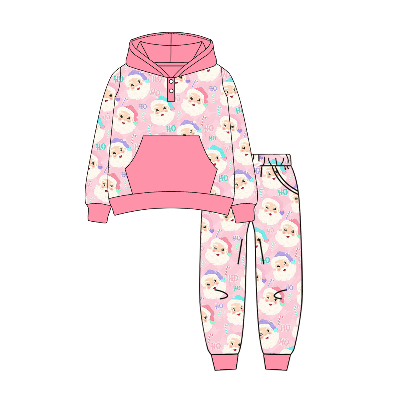 Preorder (moq 5)Baby Girls Pink Long Sleeves Santa Button Pocket Hoodies Pant Set