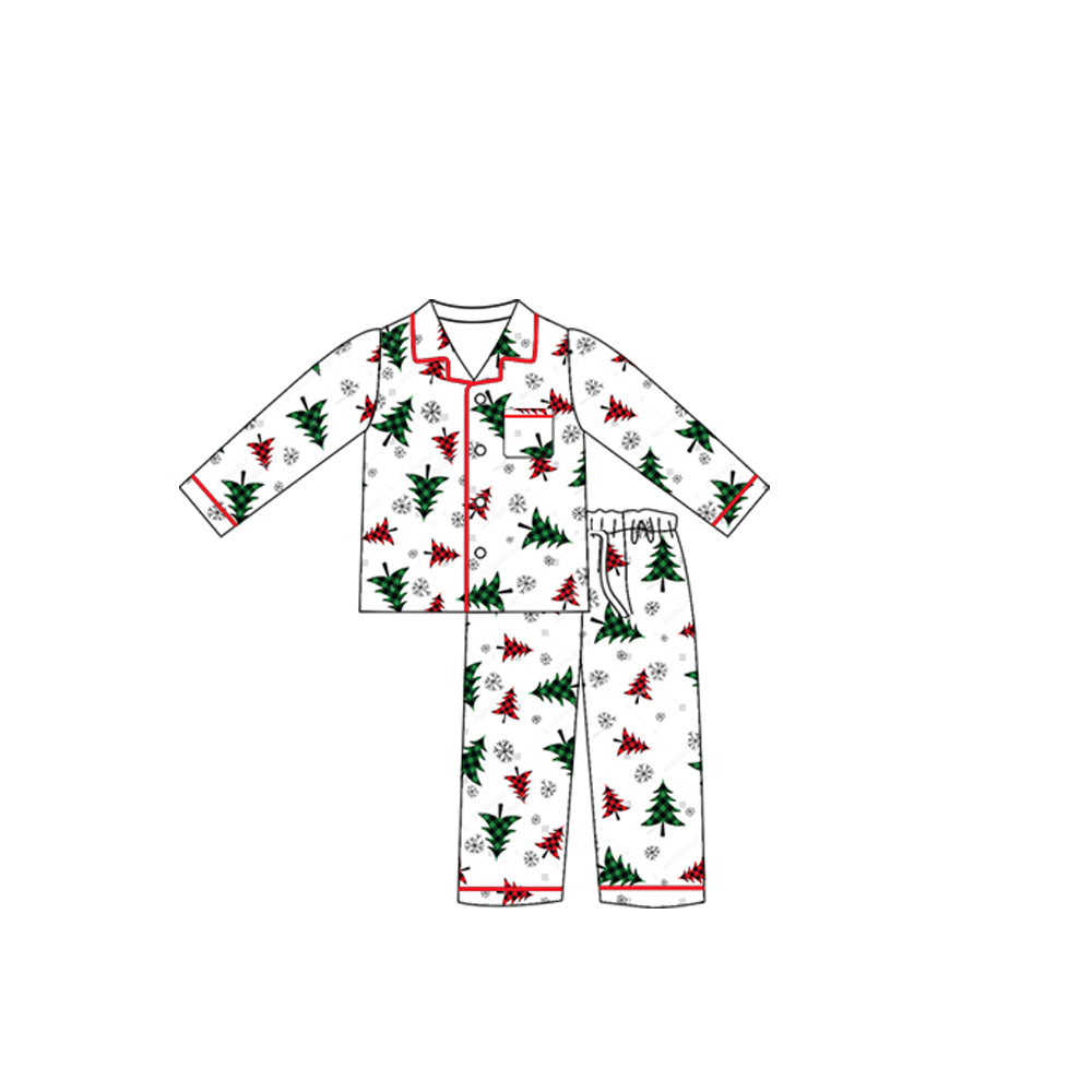 preorder(moq 5) Baby Girls Long Sleeves Christmas Trees Pocket Button Top Pants Pajamas Set