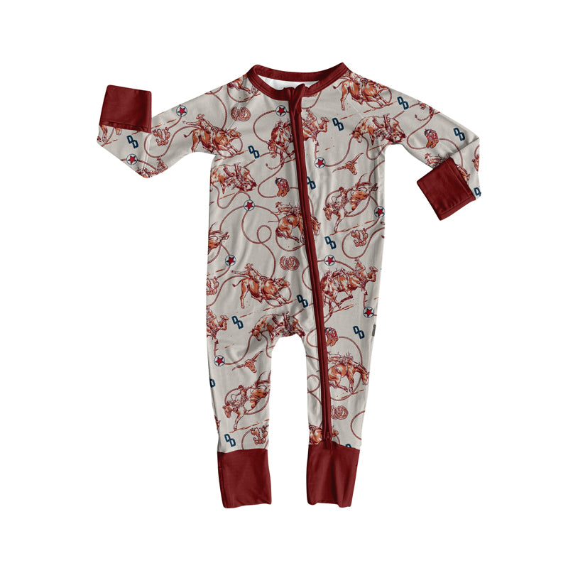 Preorder moq 5 Baby Infant Boys Long Sleeves Red Horse Rodeos Bull Skull Zipper Romper