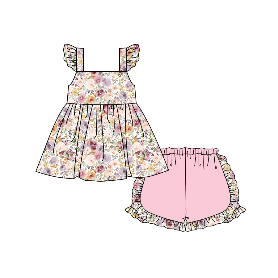 Preorder (moq 5)Baby Girls Flutter Sleeve Colorful Flowers Tunic Pink Short Clothes Sets