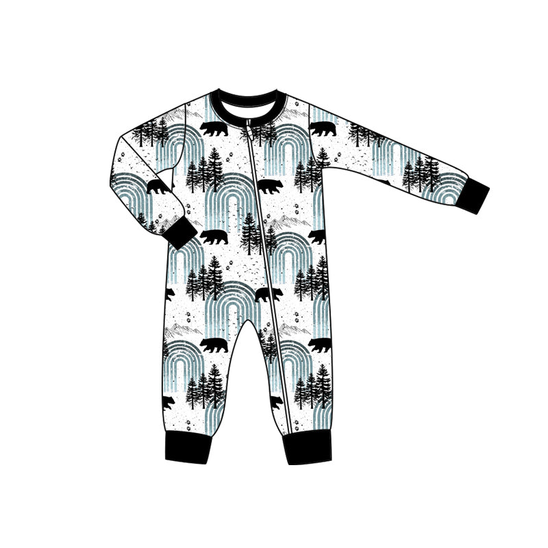 Preorder moq 5 Baby Infant Boys Long Sleeves Black Bears Trees Plaid Zipper Romper