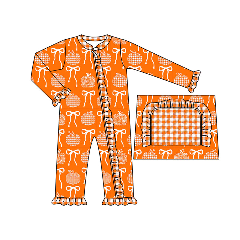 Preorder moq 5 Baby Infant Girls Long Sleeves Orange Pumpkins Bows Ruffle Zipper Romper