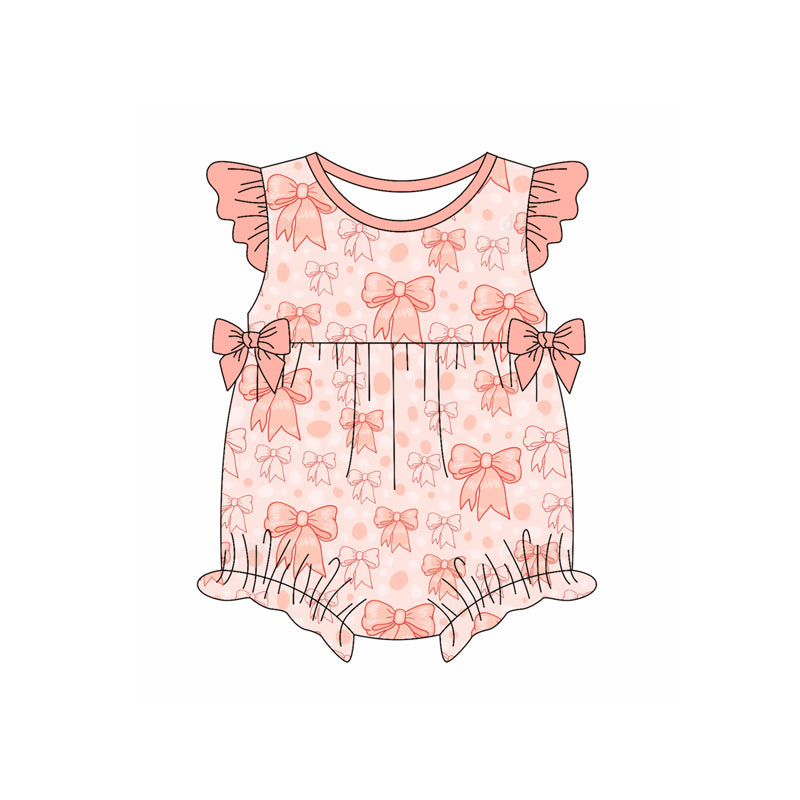 Preorder moq 5 Baby Girls Peach Flutter Sleeves Bows Leopard Ruffle Rompers