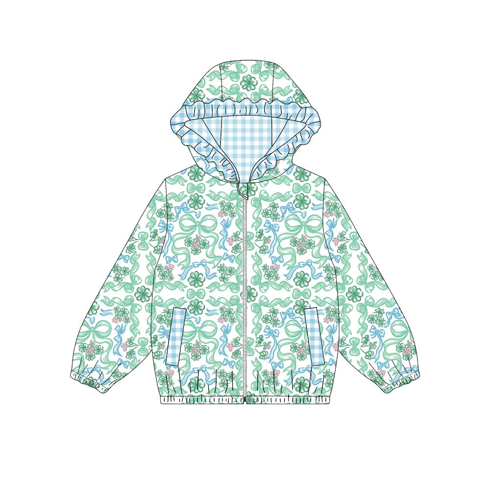 Preorder (moq5) Baby Girls Clovers Bows Zip Pickets St Patrick Ruffle Hoodies Jacket Top