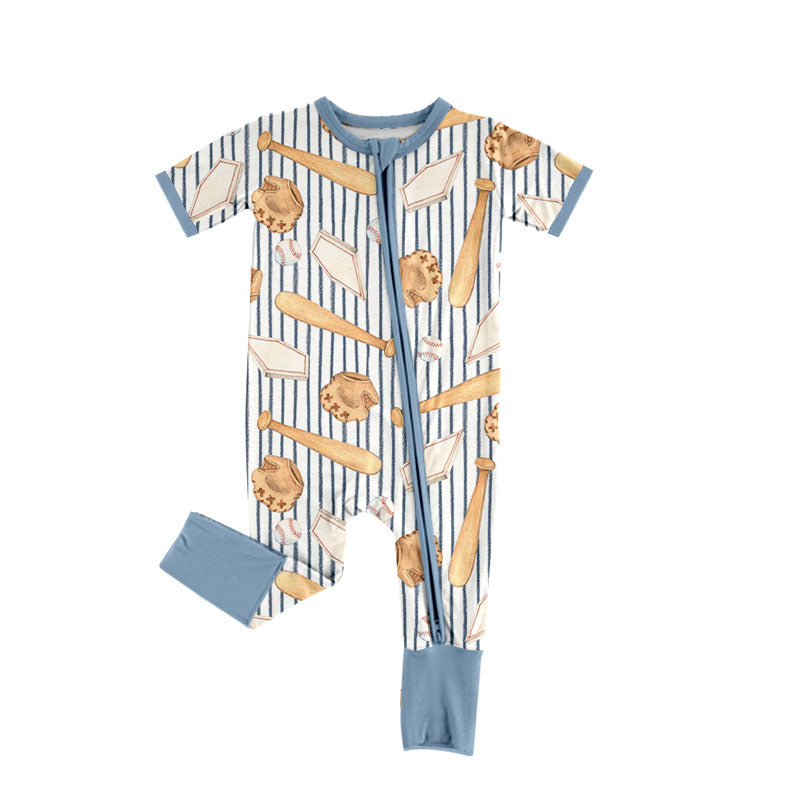 Preorder (moq 5) Baby Boy Clothes Baseball Glove Bat Stripe Print Short Sleeve Zip Front Romper Jumpsuit