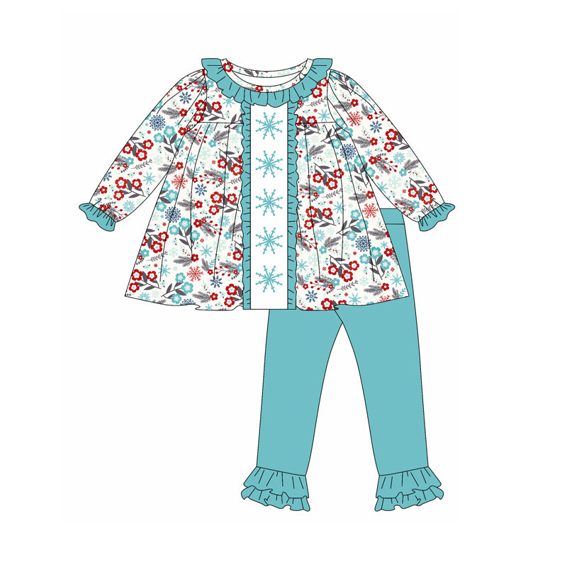 Preorder (moq 5)Baby Girls Long Sleeves Blue Red Snowflake Flowers Tunic Ruffle Pant Set