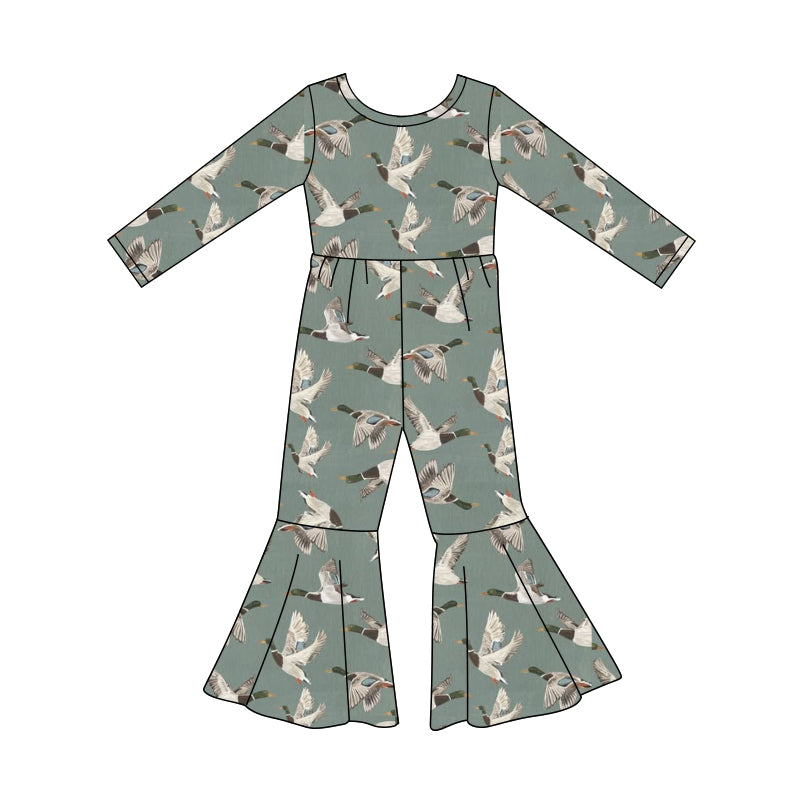 Preorder (moq 5)Baby Girls Long Sleeve Ducks Flowers Bell Bottom Jumpsuits