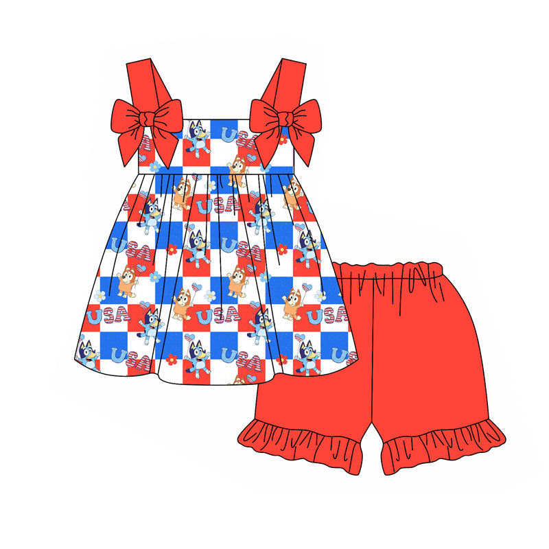 Preorder (moq 5)Baby Girls 4th Of July USA Dogs Tunic Top Ruffle Shorts Clothes Sets