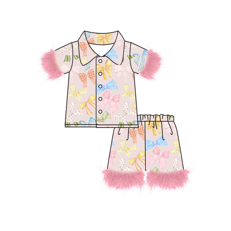 Preorder (moq 5)Baby Girls Colorful Bows Button Top Shorts Valentine Fur Pajamas Sets