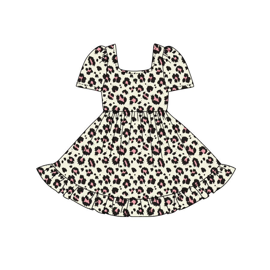 Preorder (moq 5)Baby Girls Short Sleeves Leopard Print Ruffle Knee Length Dresses