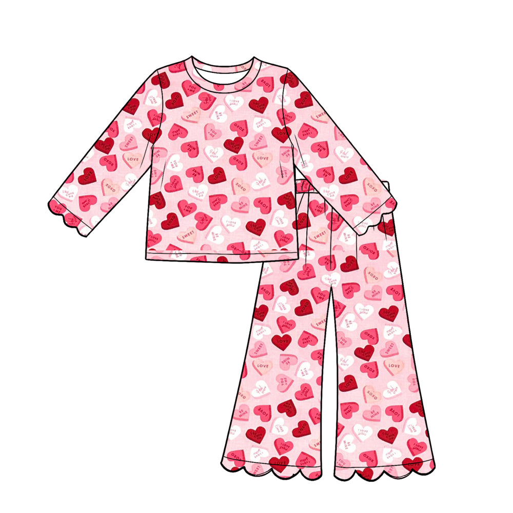 Preorder (moq 5) Baby Girl Clothes Valentine Multi‑Color Love Heart Print Long‑Sleeve Top Scalloped Flare Pants Set