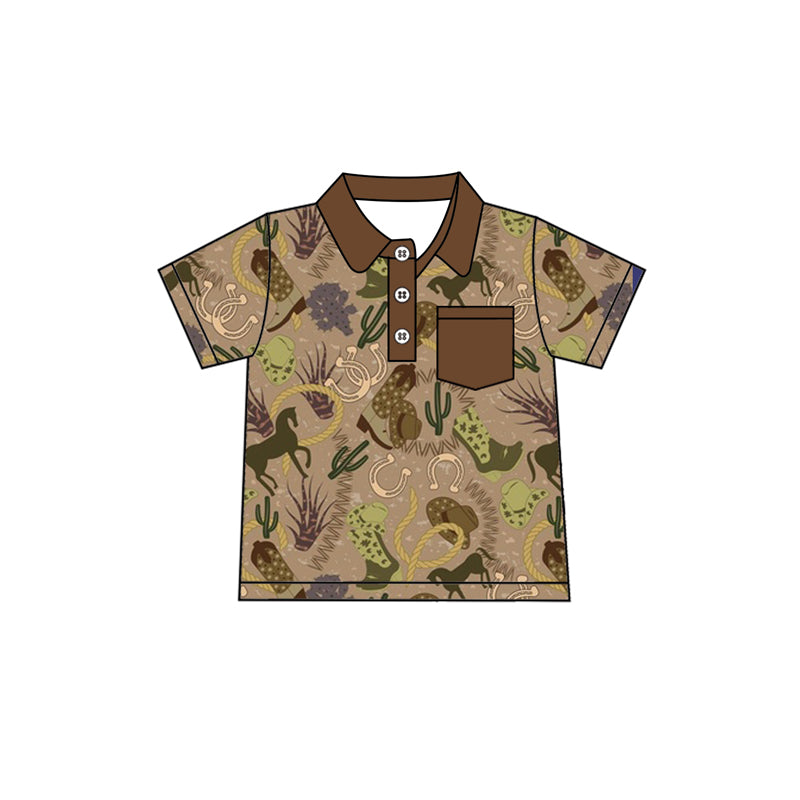 Preorder (moq 5)Baby Boys Dark Brown Short Sleeves Horse Cactus Button Pocket Pullovers Tee Shirts