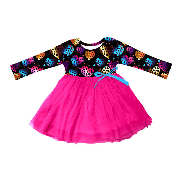 Preorder (moq 5)Baby Girls Polka Dots Hearts Long Sleeve Valentine Tulle Knee Length Dress