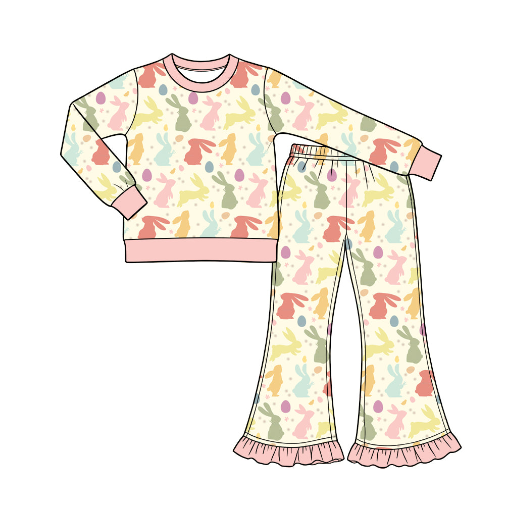 Preorder (moq 5) Baby Girl Clothes Pastel Easter Bunny Egg Mixed Print Long Sleeve Top Ruffle Flare Pant Set