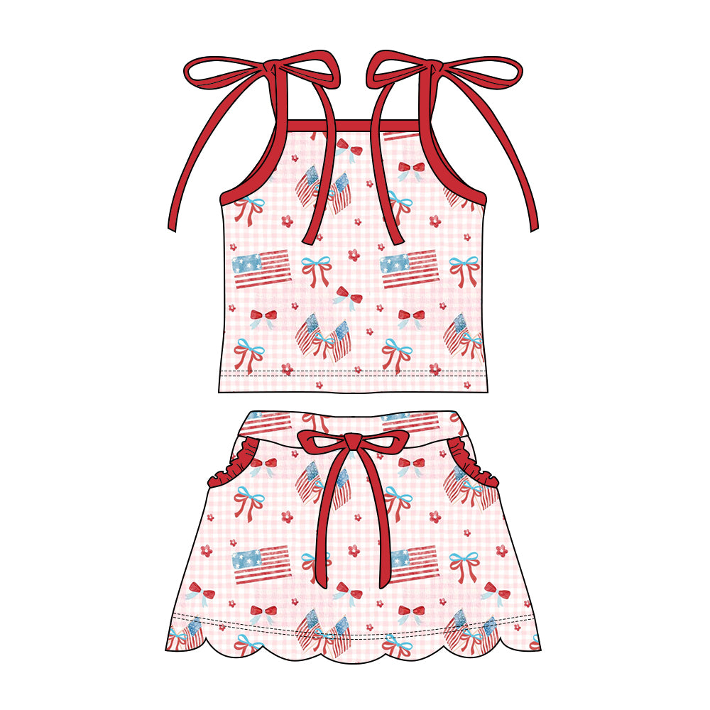 Preorder moq 5 Baby Girls Strap Bows Flags Top Pockets Scallop Skirt Short 4th of July Clothes Sets