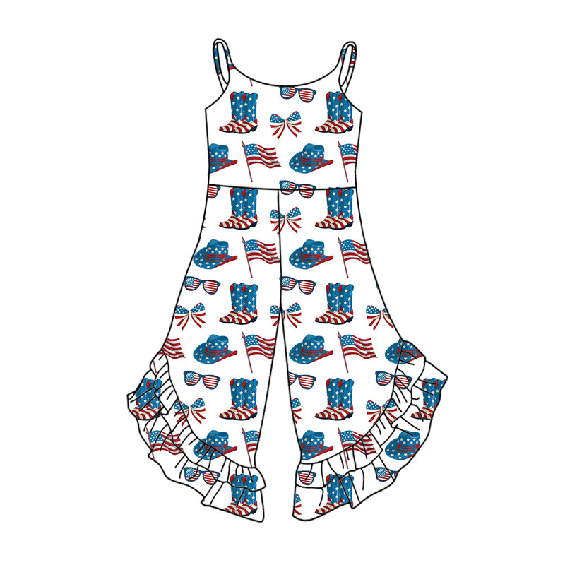 Preorder (moq 5)Baby Girls Strap Blue Red Boots Flags 4th Of July Ruffle Jumpsuits