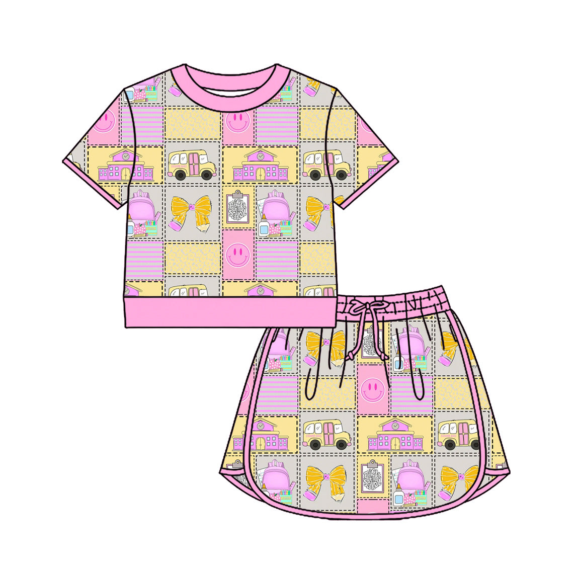 Preorder (moq 5)Baby Girls Pencil Bows Checked Top Skirt Short Back to School Clothes Sets