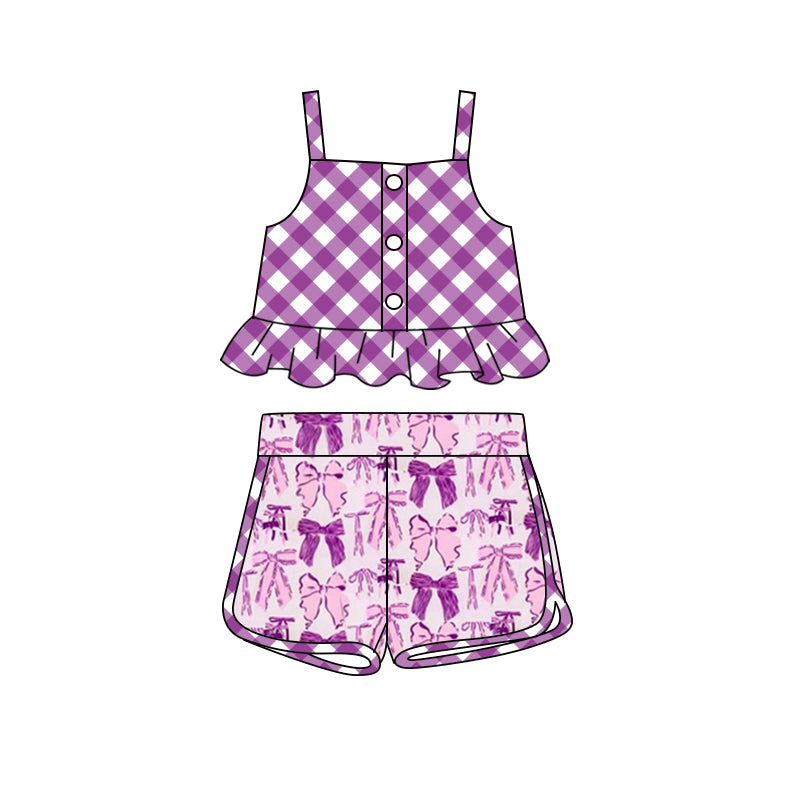 Preorder (moq 5)Baby Girls Purple Checkered Straps Top Bows Shorts Clothes Sets
