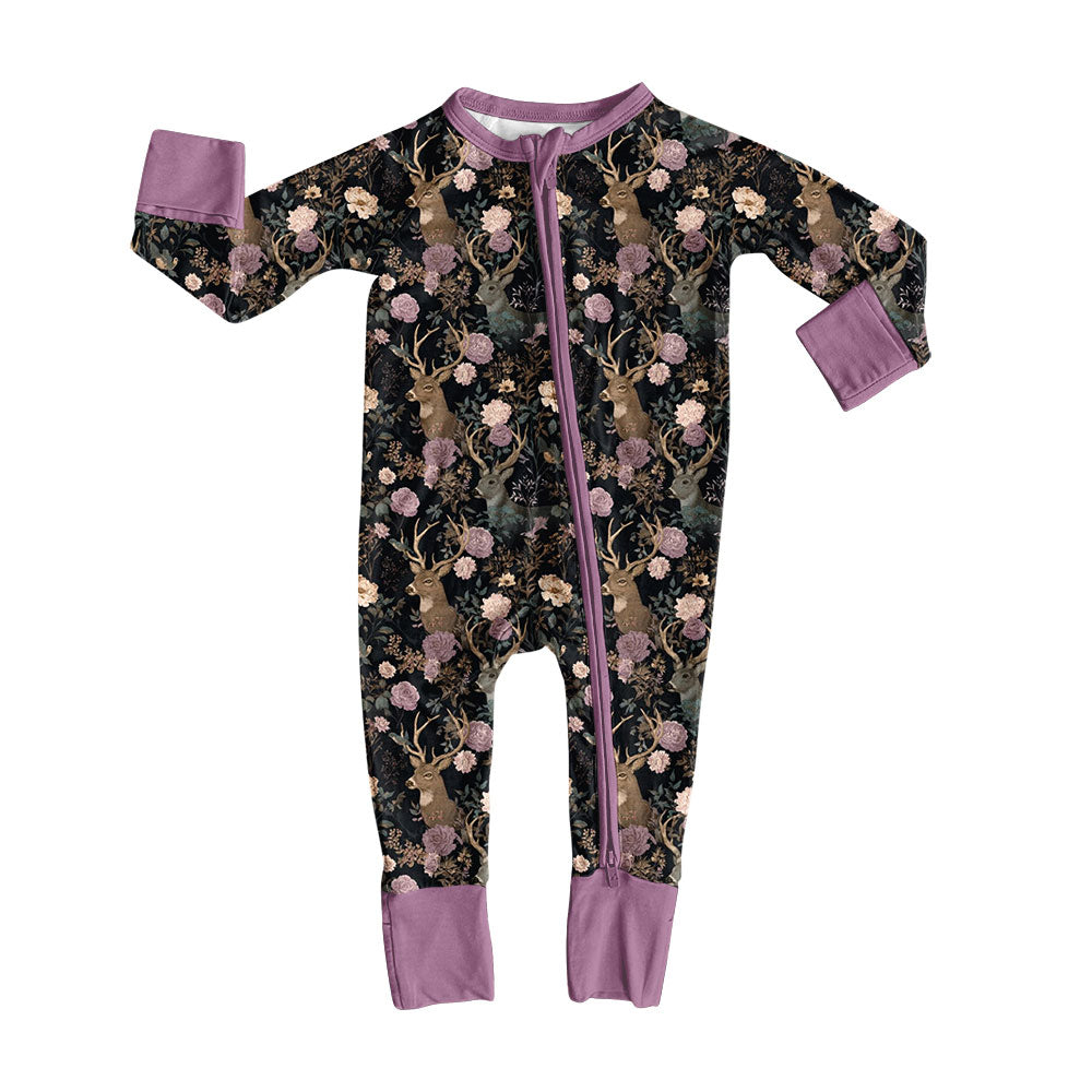 Preorder (moq 5) Baby Girl Deer Floral Print Long Sleeve Zipper Baby Romper