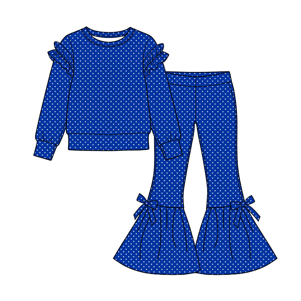 Preorder (moq 5) Baby Girl Clothes Royal Blue White Polka Dot Mixed Print Long Sleeve Flare Pant Set