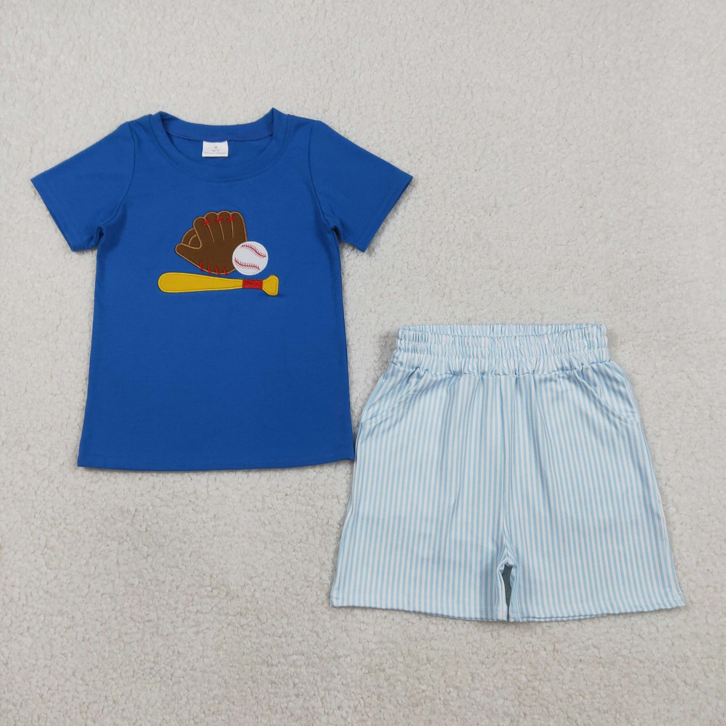 Embroidery Baseballs Baby Boys Blue Top Pockets Stripe Shorts Team Clothes Sets