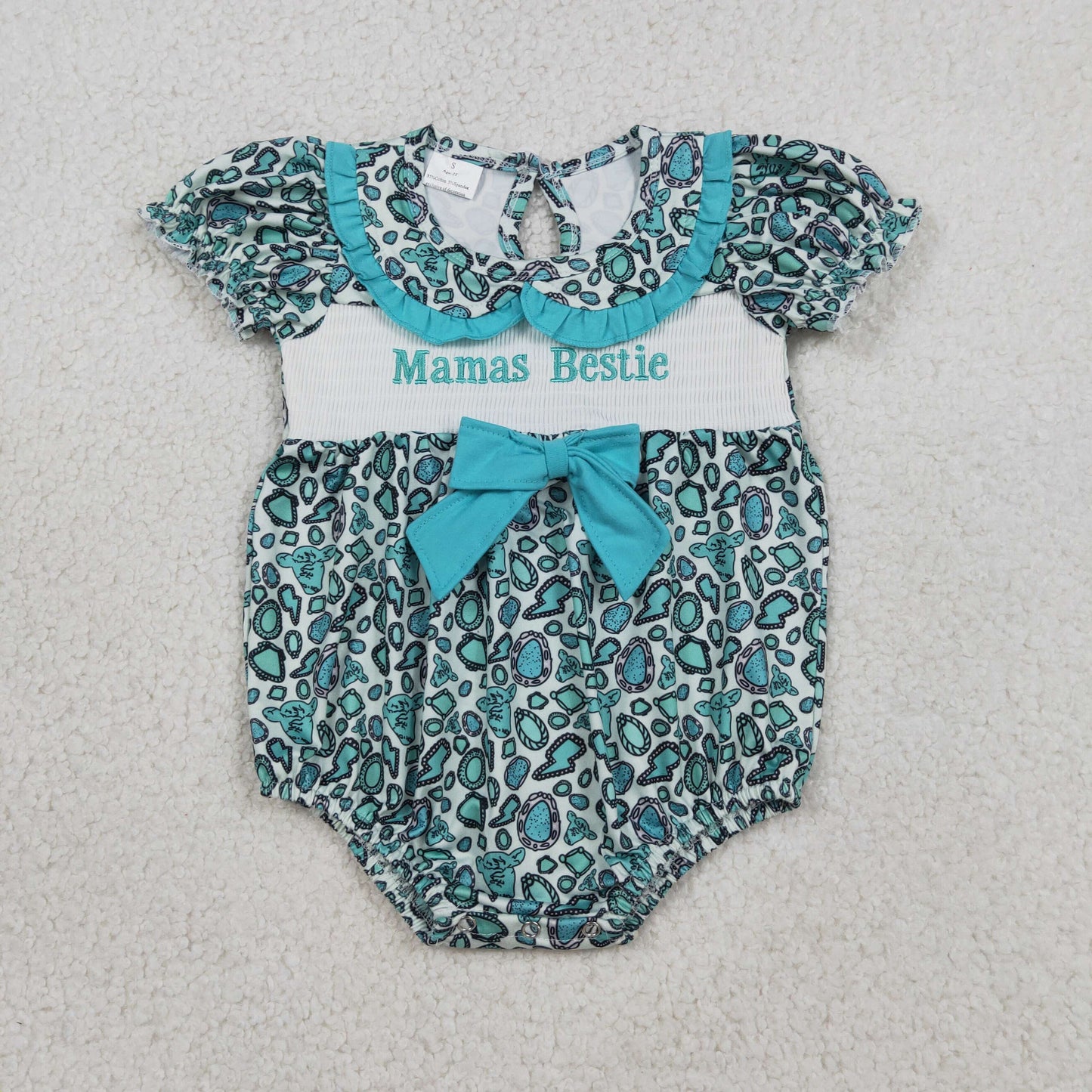 Smocked Mama's Bestie Baby Girls Turquoises Collar Western Ruffle Rompers