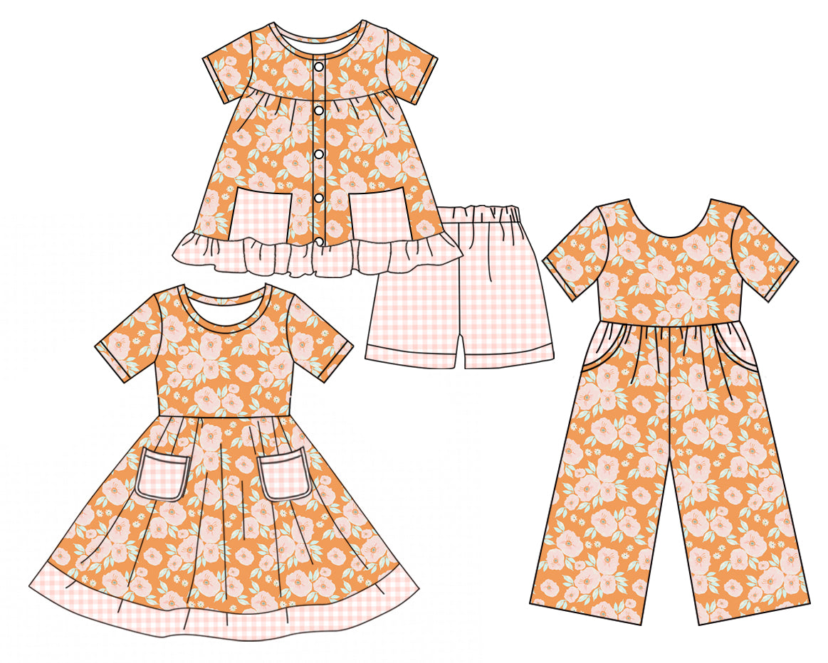 Preorder moq 5 Custom Baby Girls Orange Short Sleeves Button Floral Pink Plaid Pockets Tunic Short Set Knee Length Dress Jumpsuits