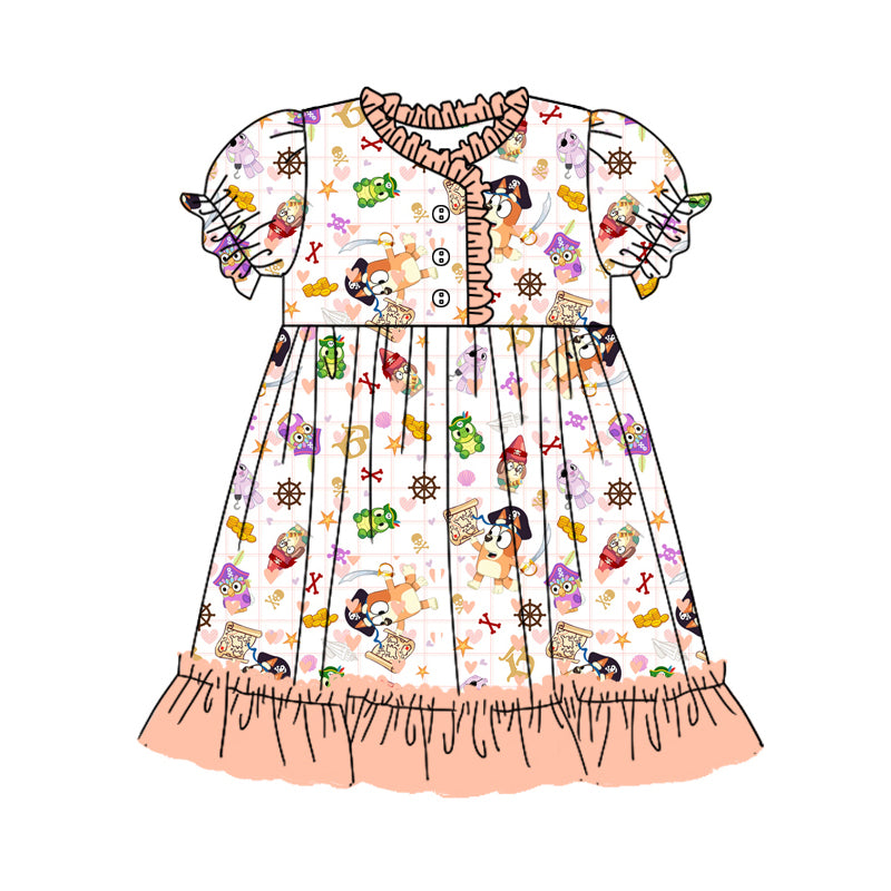 Preorder (moq 5)Baby Girls Sister Dog ruffle Knee Length Gowns Dresses