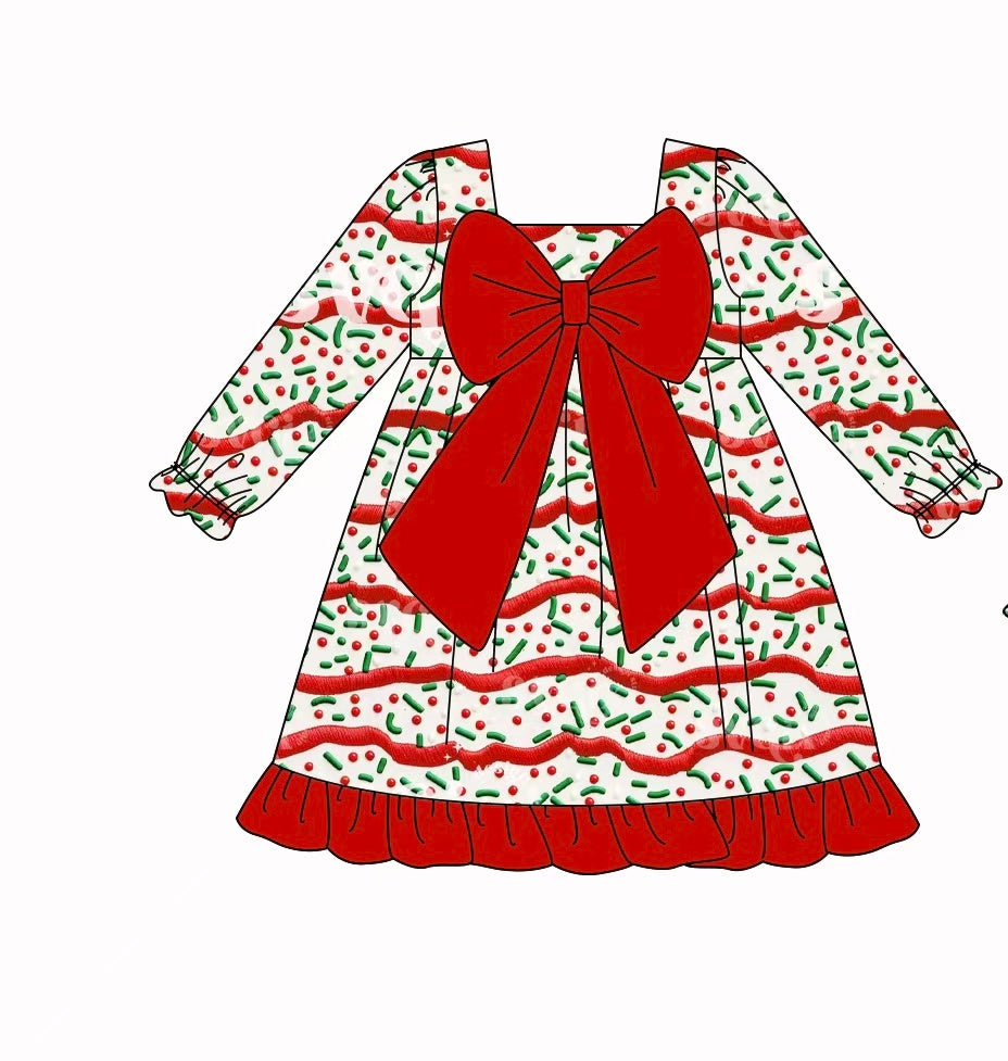 Preorder (moq 5)Baby Girls Red Stripe Holly Bow Top Christmas Ruffle Knee Length Dresses