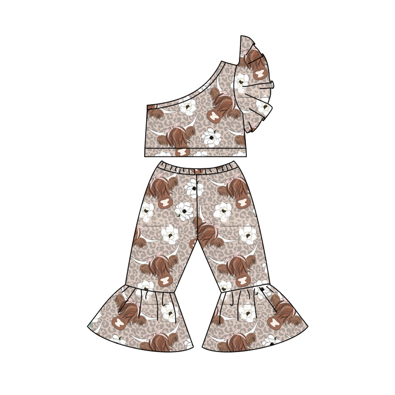 Baby Girls Highland Cow Flowers One Shoulder Top Bell Pants Clothes Sets preorder(moq 5)