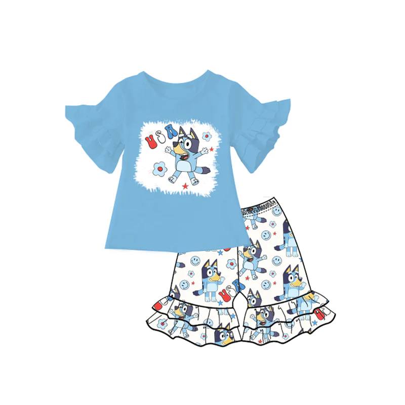 Baby Girls USA Dogs 4th Of July Shirts Ruffle Shorts Clothes Sets Preorder(moq 5)