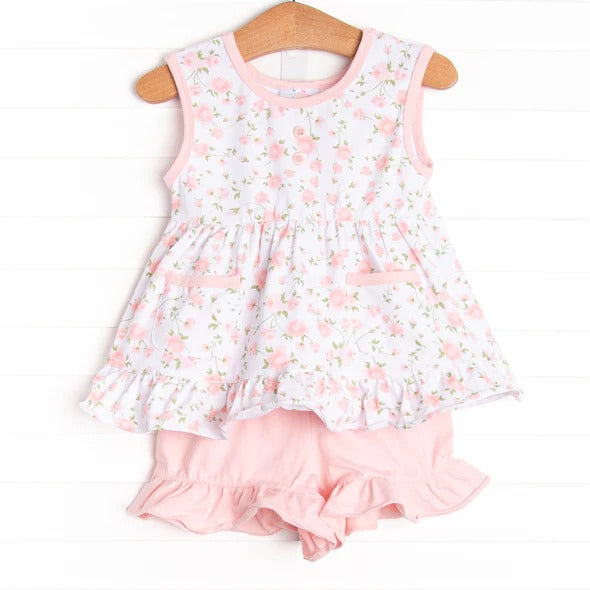 Baby Girls Pink Flowers Tunic Ruffle Shorts Clothes Sets Preorder(moq 5)