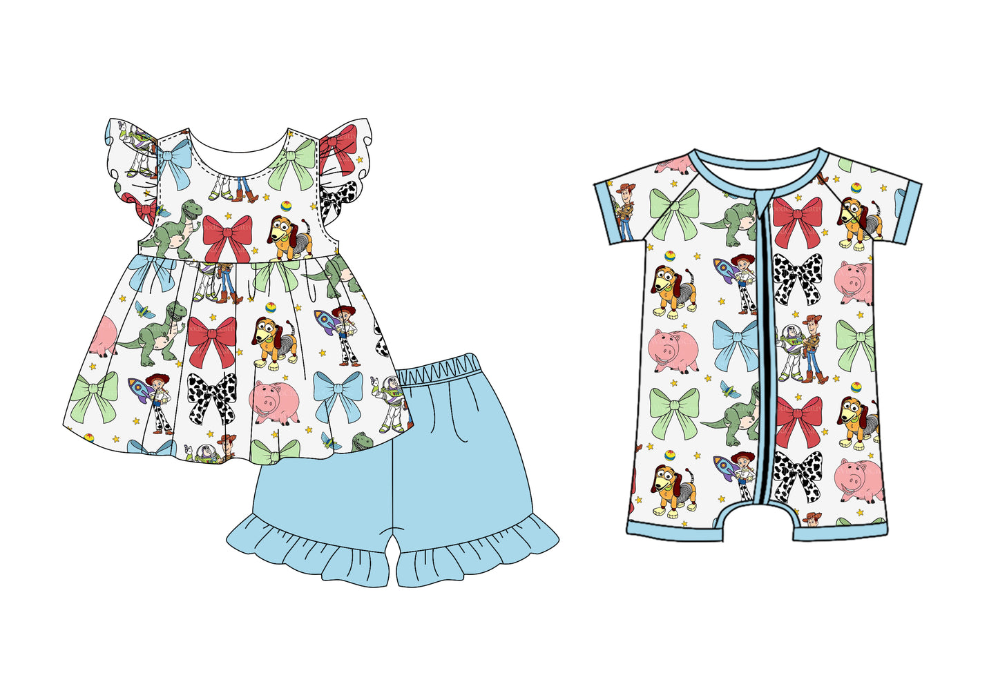 Preorder moq 5 Custom Baby Kids Cartoon Dolls Bows Tunic Blue Ruffle Short Set Zipper Rompers