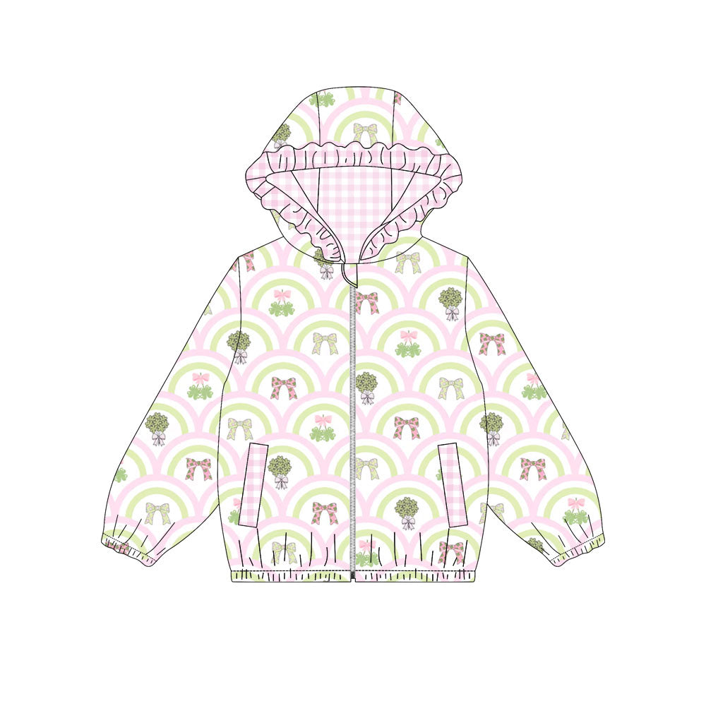 Preorder (moq5) Baby Girls Clovers Rainbows Zip Pickets St Patrick Ruffle Hoodies Jacket Top