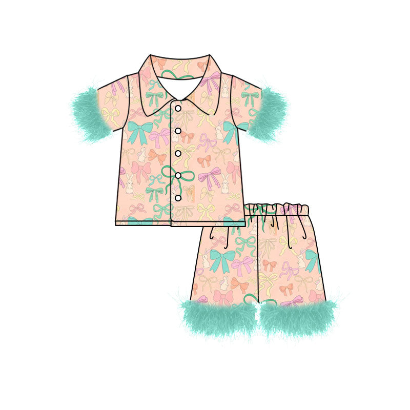Preorder (moq 5)Baby Girls Colorful Bows Rabbits Button Top Shorts Easter Fur Pajamas Sets
