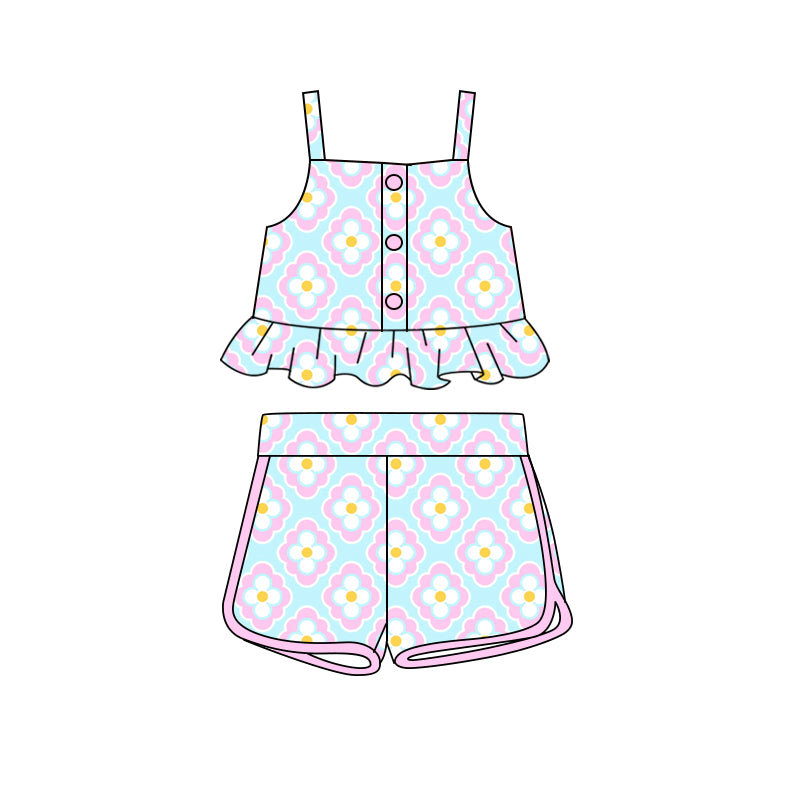 Preorder (moq 5)Baby Girls Aqua Pink Flowers Straps Top Shorts Clothes Sets