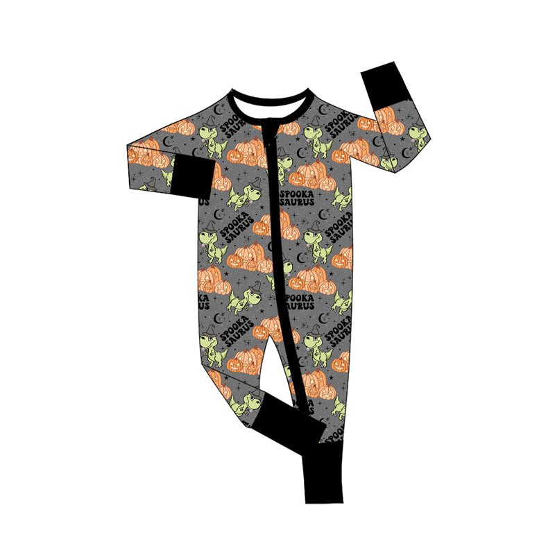 Preorder (moq 5)Baby Boys Gray Long Sleeves Dogs Pumpkins Zipper Pant Rompers