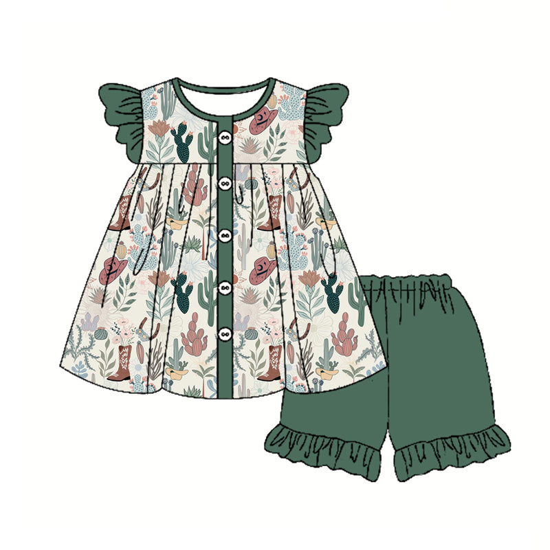 Preorder (moq 5)Baby Girls Western Cactus Boots Flutter Sleeve Tunic Ruffle Shorts Clothes Sets