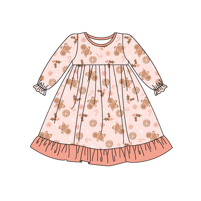 Preorder (moq 5)Baby Girls Pink Long Ruffle Sleeves Holly Gingerbread Knee Length Dresses