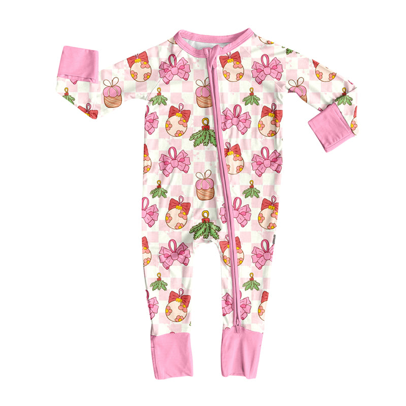 Preorder (moq 5)Baby Girls Pink Plaid Long Sleeves Bows Holly Lights Zipper Romper