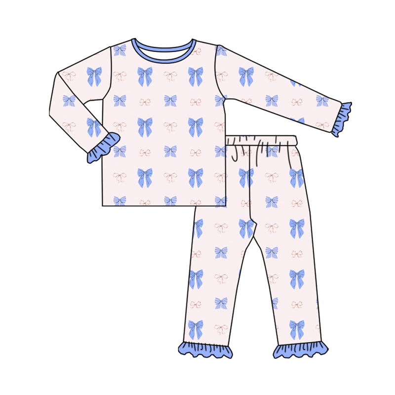 Preorder (moq 5)Baby Girls Blue Pink Bows Plaid Top Ruffle Pant Pajamas Set
