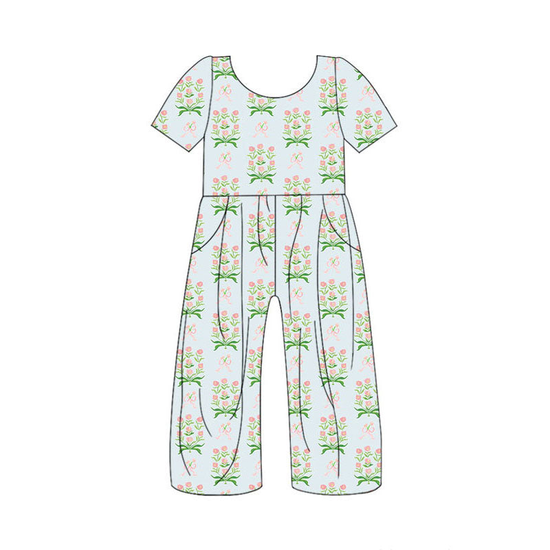 Preorder(moq 5) Baby Girls Pink Flowers Bows Pockets Pants Jumpsuits