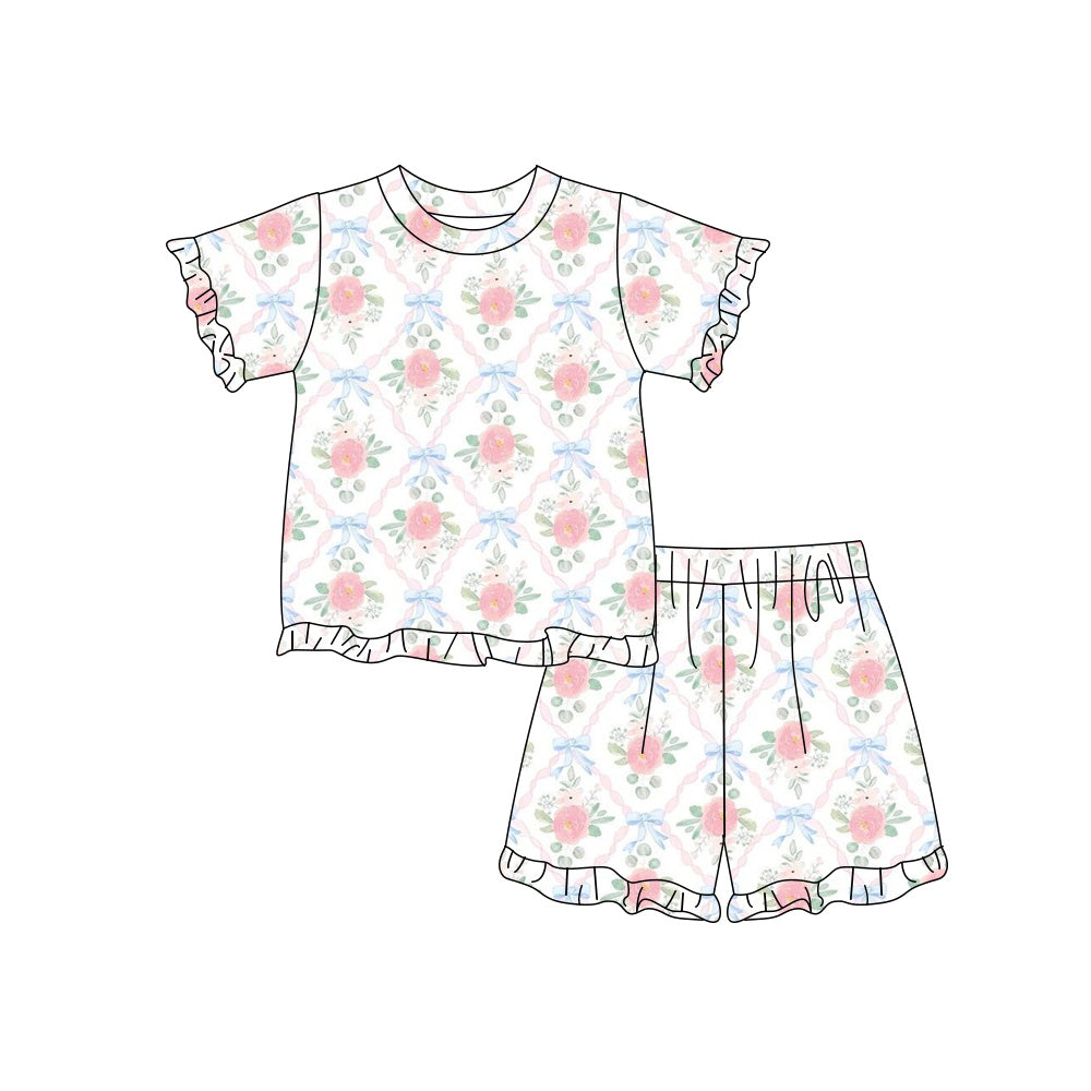 Preorder (moq 5)Baby Girls Pink Bow Flowers Checked Top Ruffle Shorts Clothes Sets